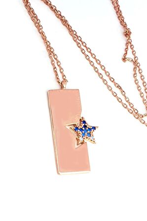 Yıldız Detaylı 925 ayar Gümüş Rose Plaka Kolye 