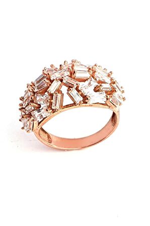 Baget Zirkon Taşlı 925 ayar Gümüş Rose Bombeli Yüzük 