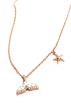 Mineli balık Kuyruğu ve Deniz Yıldızı Figürlü 925ayar Gümüş Rose Tasarım Kolye 