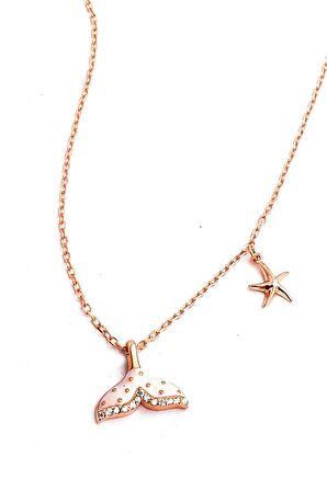 Mineli balık Kuyruğu ve Deniz Yıldızı Figürlü 925ayar Gümüş Rose Tasarım Kolye 