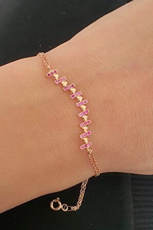 Pembe Zirkon Taşlı 925ayar Gümüş Rose Kalpli Bileklik 