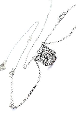 Zinciri Taş Detaylı 925ayar Gümüş Baget Taşlı Tek Taş Kolye