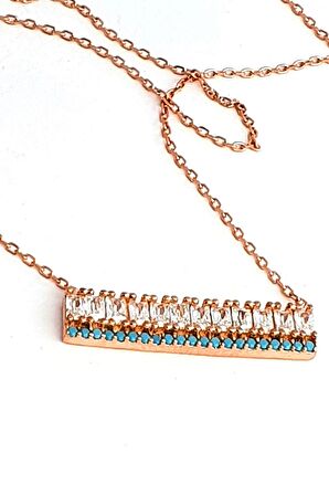 Baget zirkon ve turkuaz Taş Detaylı 925 ayar Gümüş Rose Kolye 