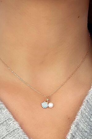 Mineli 925ayar Gümüş Rose Deniz Kabuğu ve Yıldızı inci detaylı tasarım kolye 