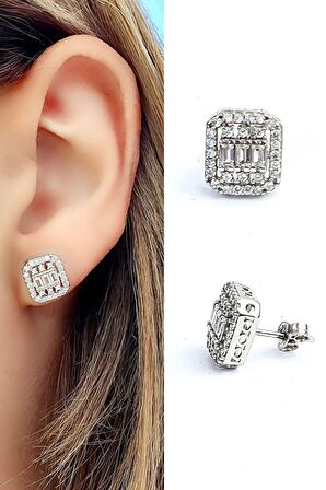 Pırlanta Parlaklığında Baget Zirkon Taşlı 925 ayar Gümüş Baget Küpe 