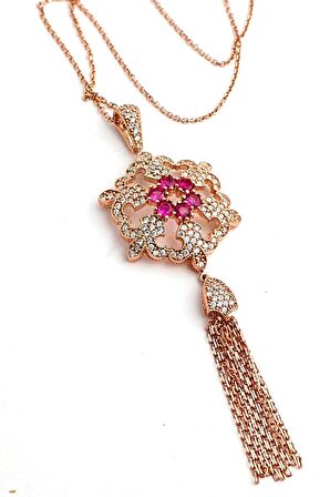 Zirkon Taşlı 925ayar Gümüş Rose Tasarım Lüks Kolye