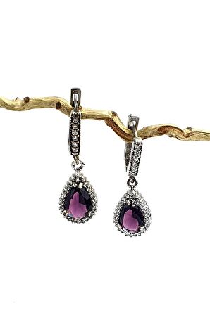 Pırlanta Montür Zirkon Taşlı Ametist 925 ayar gümüş damla küpe 