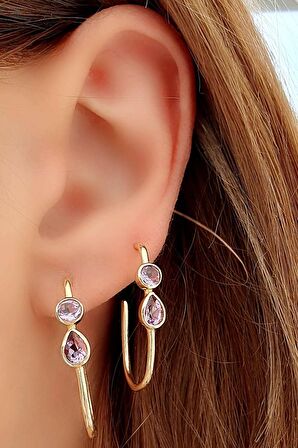 Aquamarin  Taşlı 925ayar Gümüş Üzerine Altın Kaplama Yarım Halka Oval Küpe