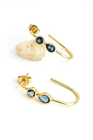 Aquamarin Taşlı 925 ayar Gümüş Üzerine Altın Kaplama Yarım Halka Oval Küpe