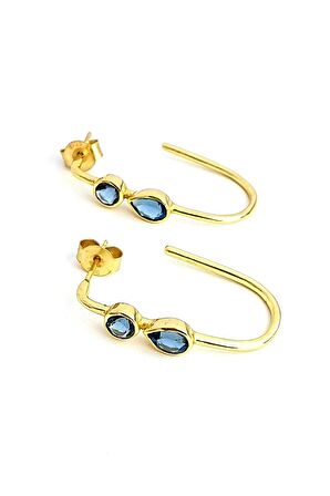 Aquamarin Taşlı 925 ayar Gümüş Üzerine Altın Kaplama Yarım Halka Oval Küpe