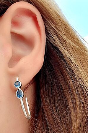 Aquamarin Taşlı 925 ayar Gümüş Yarım Halka Oval Küpe