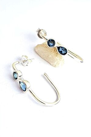 Aquamarin Taşlı 925 ayar Gümüş Yarım Halka Oval Küpe