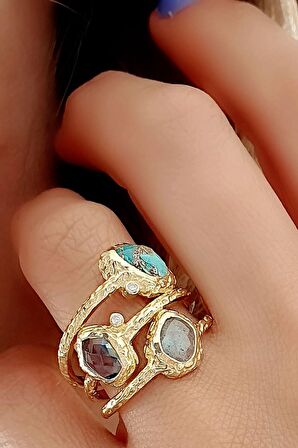 Turkuaz Rutil Kuvars ve aquamarin Taşlı 925ayar Gümüş Üzerine Altın Kaplama Tasarım Yüzük