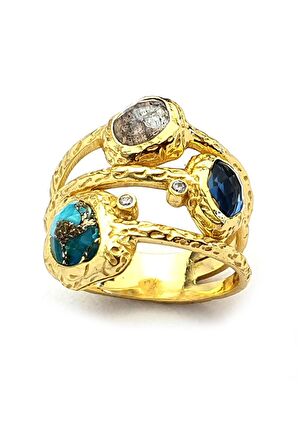 Turkuaz Rutil Kuvars ve aquamarin Taşlı 925ayar Gümüş Üzerine Altın Kaplama Tasarım Yüzük