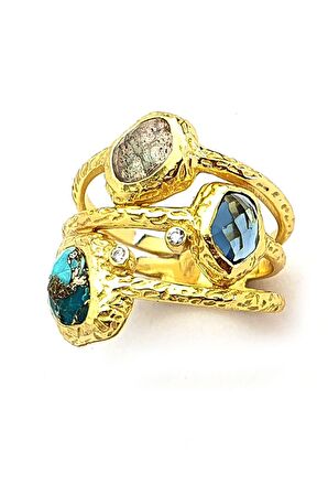 Turkuaz Rutil Kuvars ve aquamarin Taşlı 925ayar Gümüş Üzerine Altın Kaplama Tasarım Yüzük