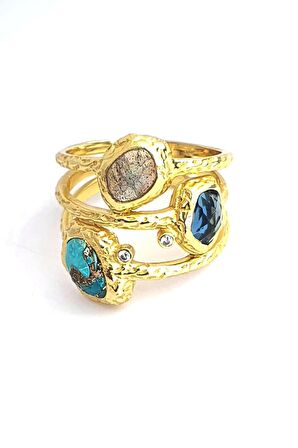 Turkuaz Rutil Kuvars ve aquamarin Taşlı 925ayar Gümüş Üzerine Altın Kaplama Tasarım Yüzük