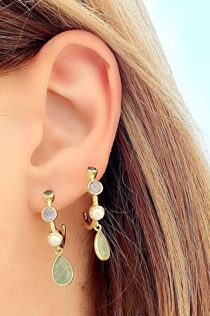 Peridot labrodorite inci ve Yeşim Taşlı 925ayar Gümüş Üzerine Altın Kaplama Tasarım Yarım Halka Küpe