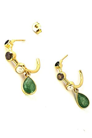 Peridot labrodorite inci ve Yeşim Taşlı 925ayar Gümüş Üzerine Altın Kaplama Tasarım Yarım Halka Küpe