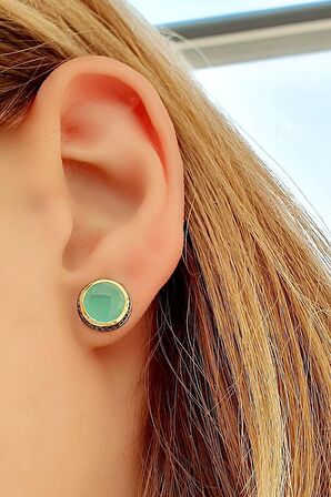 Kalsedon Taşlı 925 ayar Gümüş Üzerine Altın Kaplama Tasarım Küpe