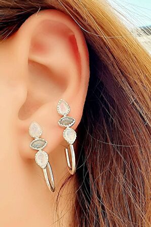 Doğal Rutil Kuvars ve Ay Taşlı 925ayar Gümüş Yarım Halka Oval Küpe