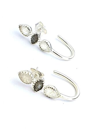 Doğal Rutil Kuvars ve Ay Taşlı 925ayar Gümüş Yarım Halka Oval Küpe