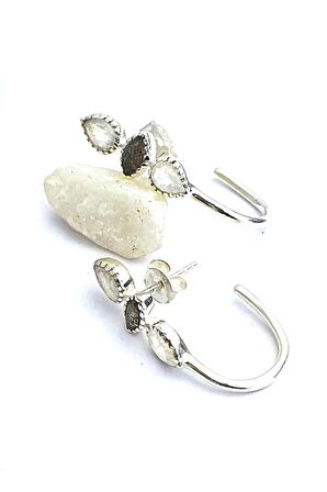 Doğal Rutil Kuvars ve Ay Taşlı 925ayar Gümüş Yarım Halka Oval Küpe