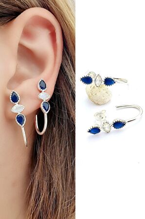 Doğal Hint safiri ve ay Taşlı 925ayar Gümüş Üzerine Altın Kaplama Yarım Halka Oval Küpe