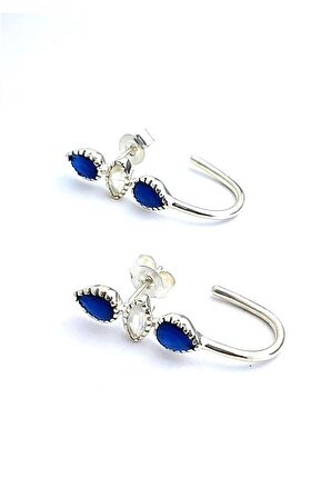 Doğal Hint safiri ve ay Taşlı 925ayar Gümüş Üzerine Altın Kaplama Yarım Halka Oval Küpe