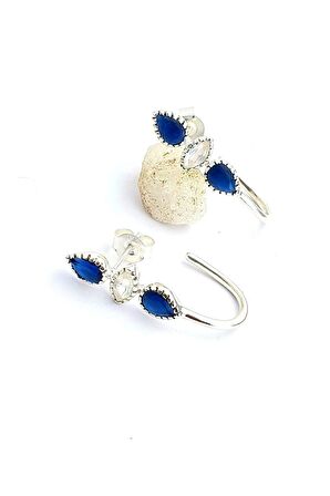 Doğal Hint safiri ve ay Taşlı 925ayar Gümüş Üzerine Altın Kaplama Yarım Halka Oval Küpe