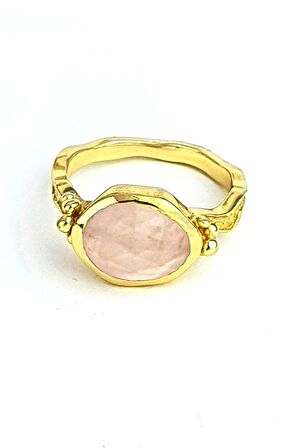 Pembe Kuvars taşlı 925 ayar Gümüş Üzerine Altın Kaplama Doğal Taş Yüzük 