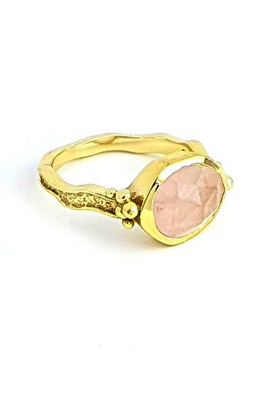 Pembe Kuvars taşlı 925 ayar Gümüş Üzerine Altın Kaplama Doğal Taş Yüzük 