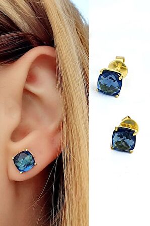 Aquamarin Taşlı 925ayar Gümüş Üzerine Altın Kaplama Tasarım Küpe  