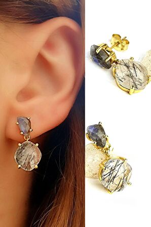 Labrodorite ve  Rutil Kuvars Taşlı 925ayar Gümüş Üzerine Altın Kaplama Tasarım Doğal Taş Küpe 