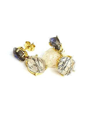 Labrodorite ve  Rutil Kuvars Taşlı 925ayar Gümüş Üzerine Altın Kaplama Tasarım Doğal Taş Küpe 