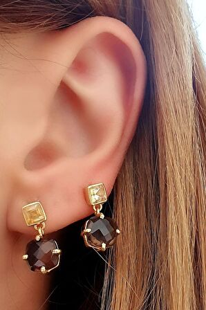 Sitrin ve Dumanlı Kuvars taşlı 925ayar Gümüş Üzerine Altın Kaplama Tasarım Doğal Taş Küpe 