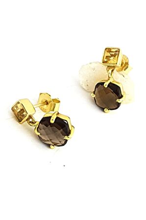 Sitrin ve Dumanlı Kuvars taşlı 925ayar Gümüş Üzerine Altın Kaplama Tasarım Doğal Taş Küpe 