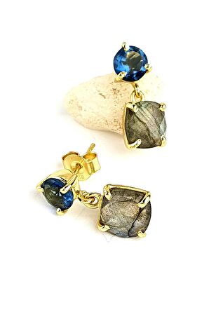 Aquamarin ve Labrodorit Taşlı 925ayar Gümüş Üzerine Altın Kaplama Tasarım Doğal Taş Küpe