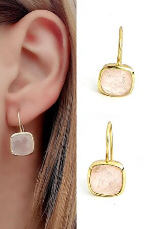 Pembe Kuvars Taşlı 925ayar Gümüş Üzerine Altın Kaplama Tasarım Doğal Taş Küpe