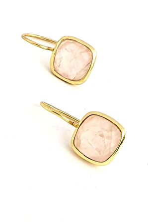 Pembe Kuvars Taşlı 925ayar Gümüş Üzerine Altın Kaplama Tasarım Doğal Taş Küpe