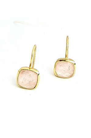 Pembe Kuvars Taşlı 925ayar Gümüş Üzerine Altın Kaplama Tasarım Doğal Taş Küpe