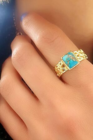 Turkuaz Taşlı 925ayar Gümüş Üzerine Altın Kaplama Tasarım Doğal Taş Yüzük