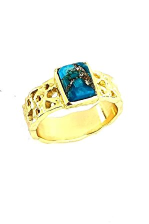 Turkuaz Taşlı 925ayar Gümüş Üzerine Altın Kaplama Tasarım Doğal Taş Yüzük