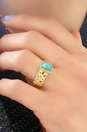 Turkuaz Taşlı 925ayar Gümüş Üzerine Altın Kaplama Tasarım Doğal Taş Yüzük