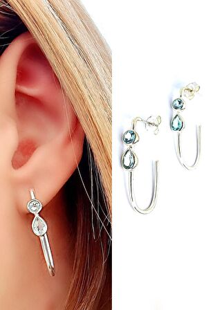 Mavi Topaz Taşlı 925ayar Gümüş Yarım Halka Oval Küpe