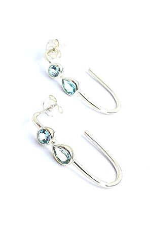 Mavi Topaz Taşlı 925ayar Gümüş Yarım Halka Oval Küpe