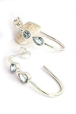 Mavi Topaz Taşlı 925ayar Gümüş Yarım Halka Oval Küpe