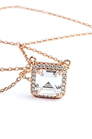 Baget Swarovski Taşlı 925ayar Gümüş Rose Kare Tek Taş Kolye