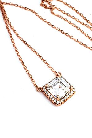 Baget Swarovski Taşlı 925ayar Gümüş Rose Kare Tek Taş Kolye