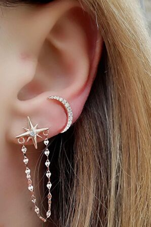 Ay yıldız figürlü 925 ayar gümüş asimetrik trend küpe