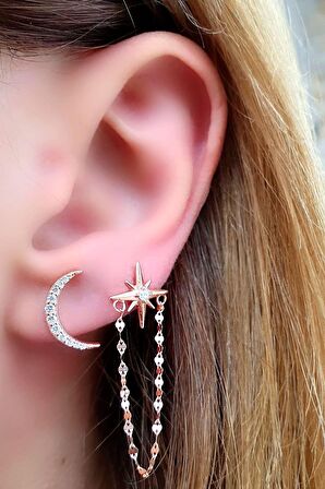 Ay yıldız figürlü 925 ayar gümüş asimetrik trend küpe